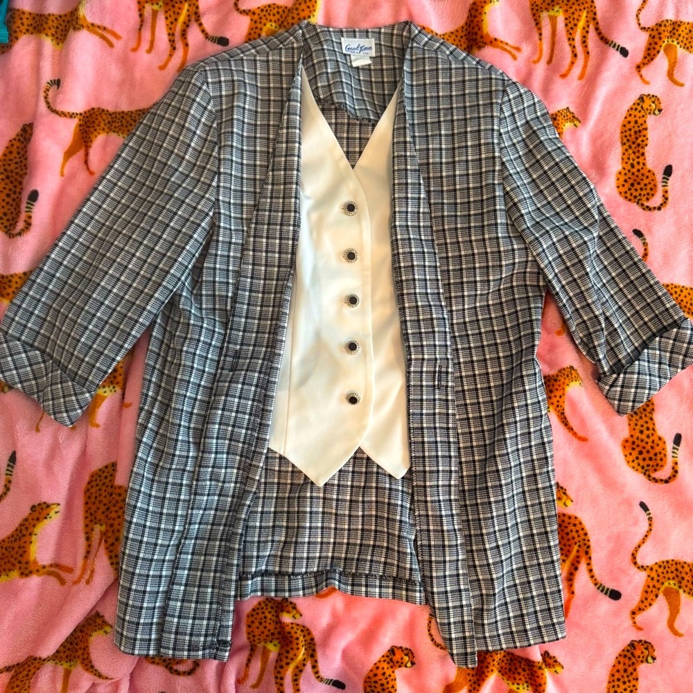 Vintage 80s Good Times Plaid Women's blazer Jacket w/ white Vest size 10